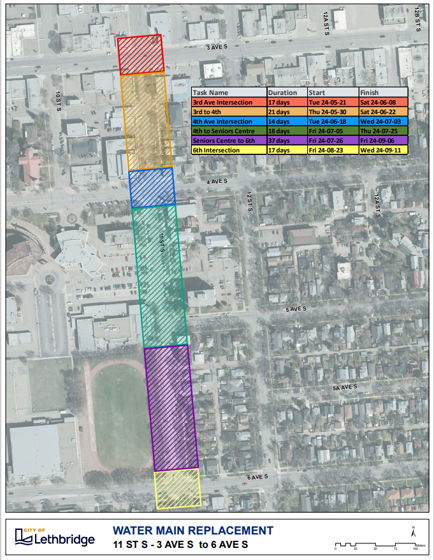 Arial view map of construction area for watermain upgrades for 11 Street South between 6 Avenue and 3 Avenue south. View of map shows different zones of construction colour-coded according to dates work will be taking place.