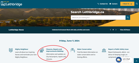 Image of City of Lethbridge homepage with a red circle highlighting where the WebMap can be found.