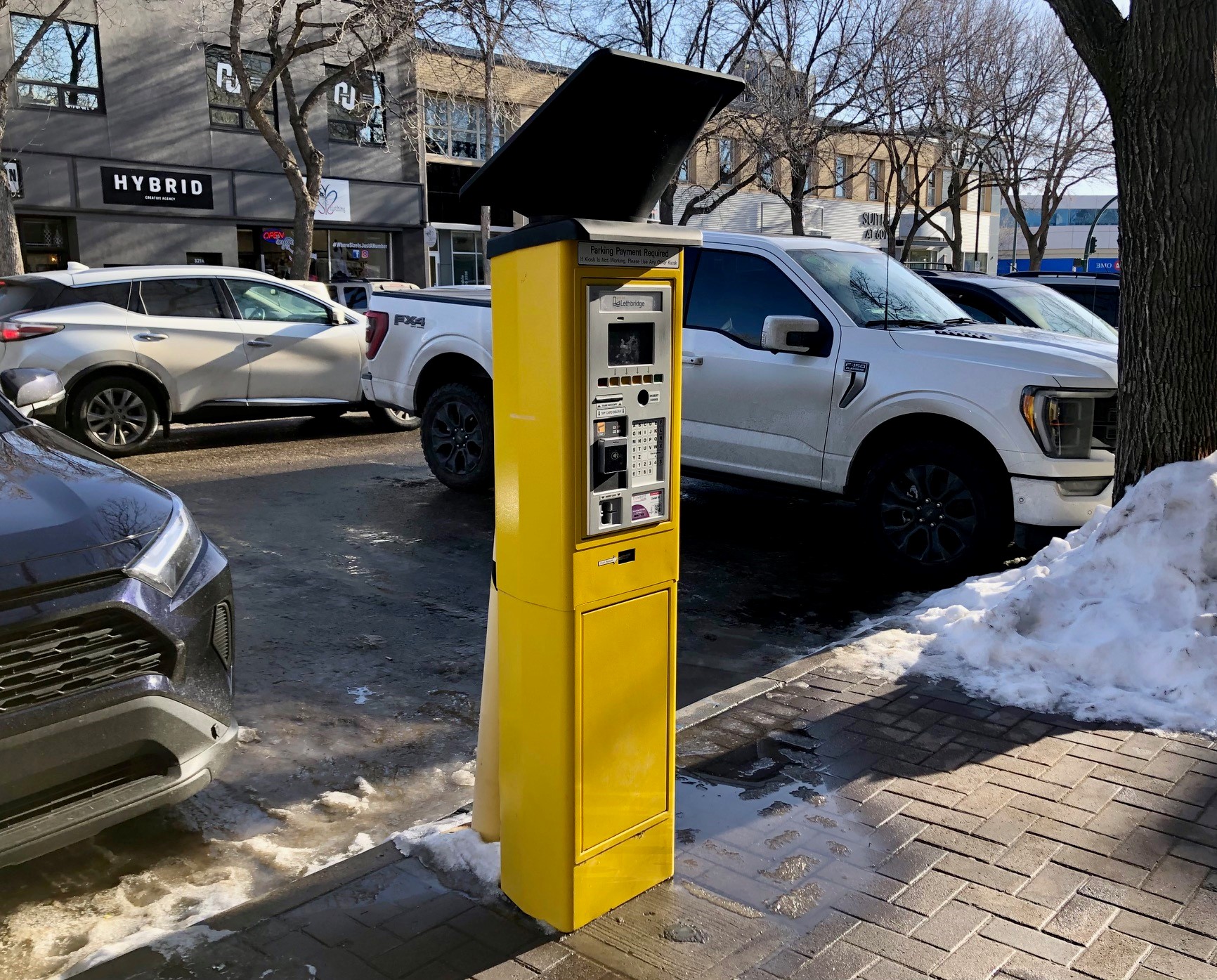 Downtown parking kiosk winter 2024