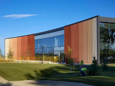 Agri Food hub exterior of building fence up and being landscaped