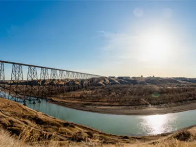 Coulee river bottom panoramic train bridge