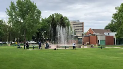 Galt Garden water fountain media crew on site